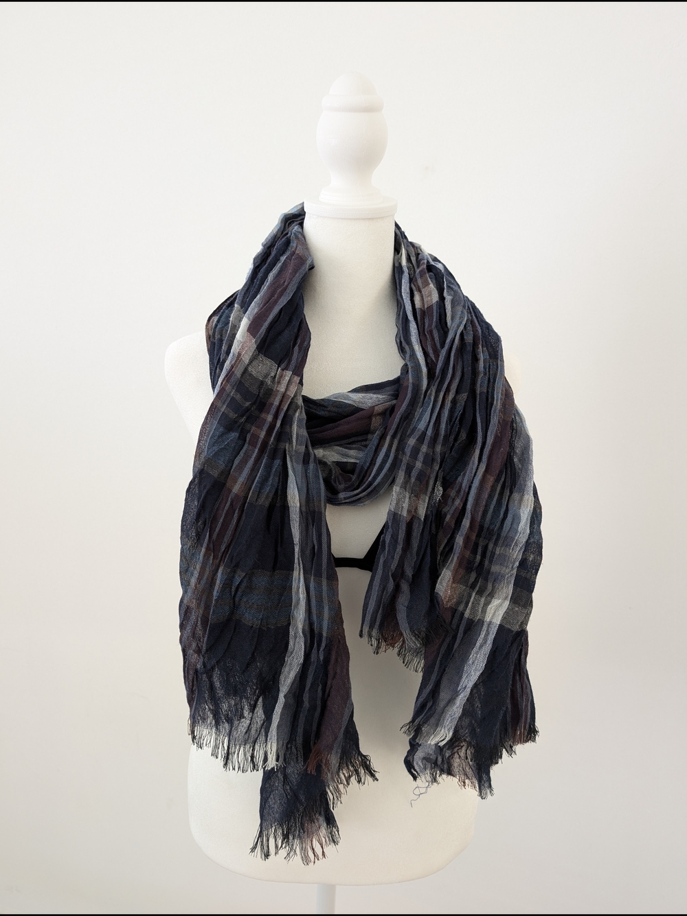 Lightweight Navy Plaid Scarf Blue White Purple Crinkle Oversize Shawl  L x 23" W